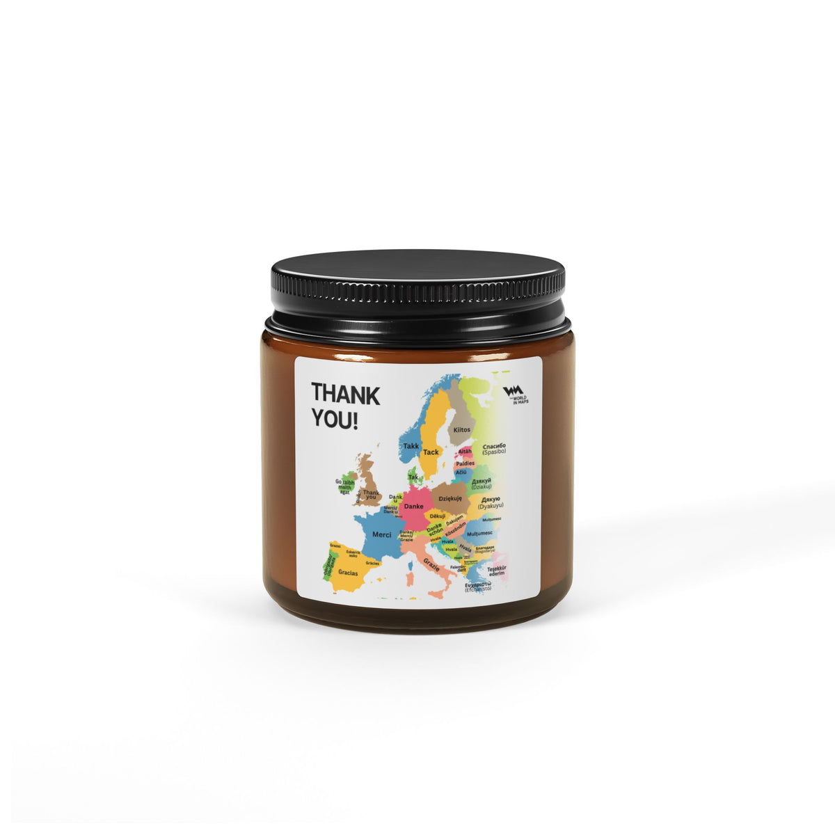 Thank You candle in an amber glass jar with a colourful map of Europe saying thank you in each country's language