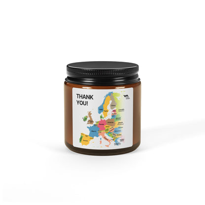 Thank You candle in an amber glass jar with a colourful map of Europe saying thank you in each country's language